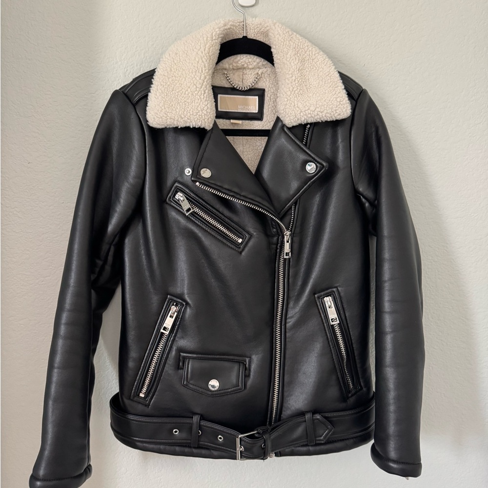 Michael Kors Black Faux Leather Jacket with Sherpa Lining